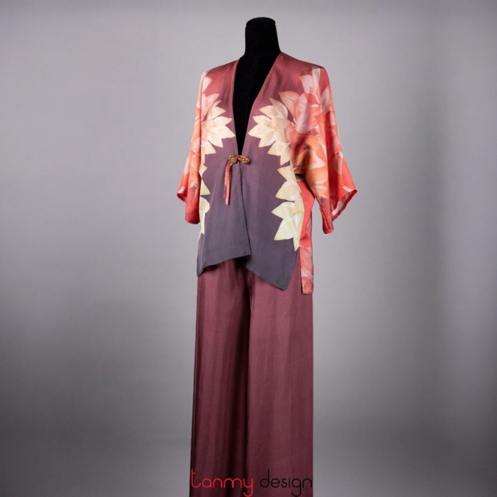 Áo Kimono dáng ngắn mẫu sen cam nền đen